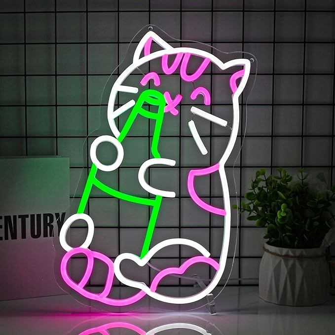 Cat Beer Neon Sign Led Neon Lights Neon Signs for Wall Decor Light Up Sign for Birthday Party Club Gift