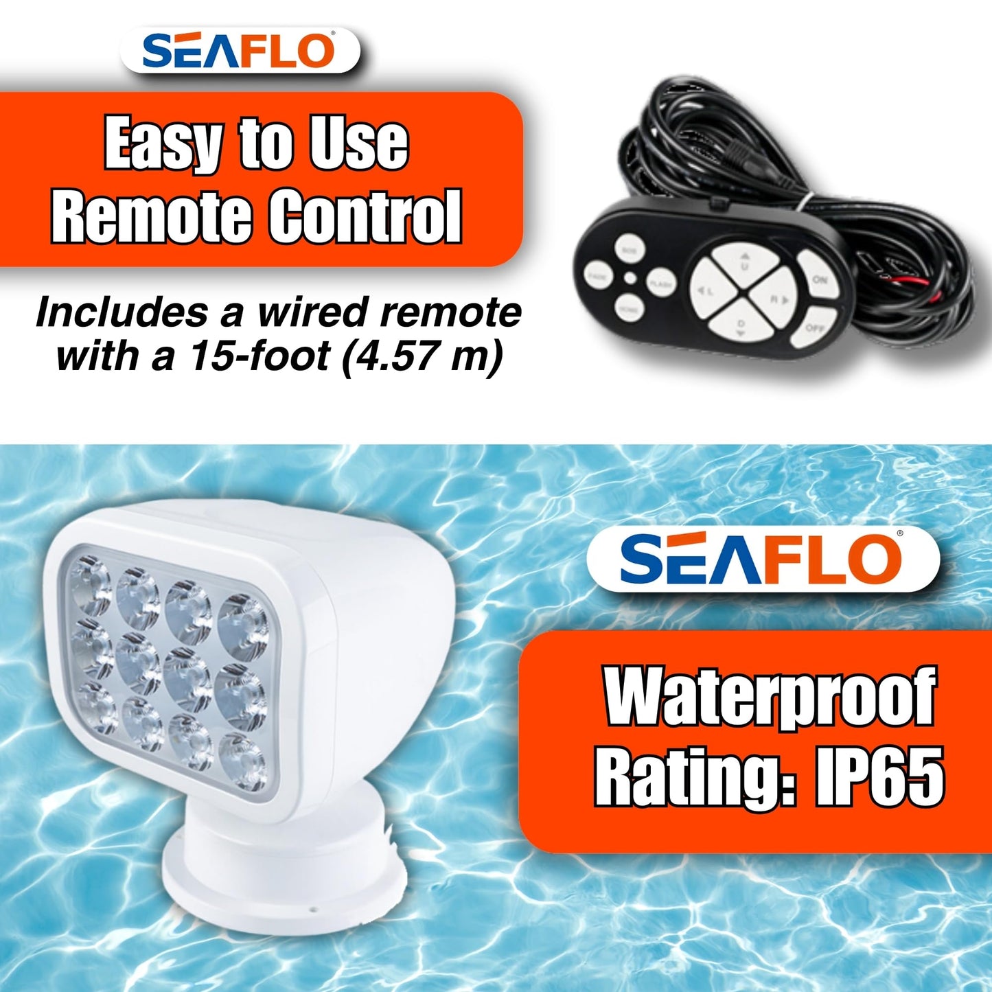 SEAFLO 360° Rotating LED Searchlight, 10-30V, IP66 Waterproof, White Light 5500K, Model SFSL-2700W-01W
