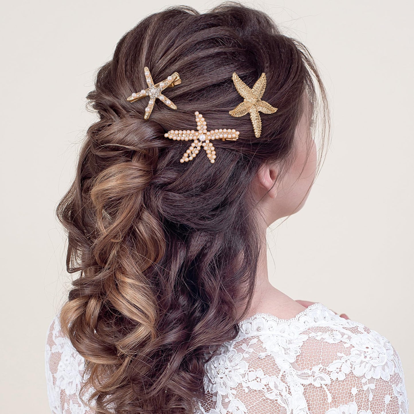 PAGOW 3 PCS Starfish Hair Clips, 3 Styles Gold Rhinestone Pearls Hair Clips, Faux Pearl Crystal Sea Star Wedding Headpiece Hair