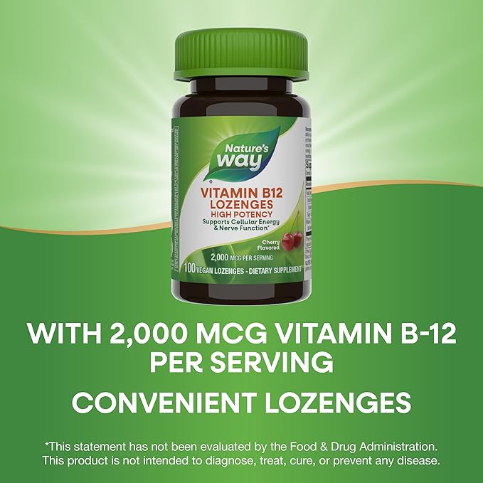 Nature’s Way Vitamin B-12 Lozenges, 2,000 mcg Vitamin B12 per Lozenge, Supports Cellular Energy & Nerve Function*, No Gluten, Vegan, Cherry Flavored, 100 Count (Packaging May Vary)