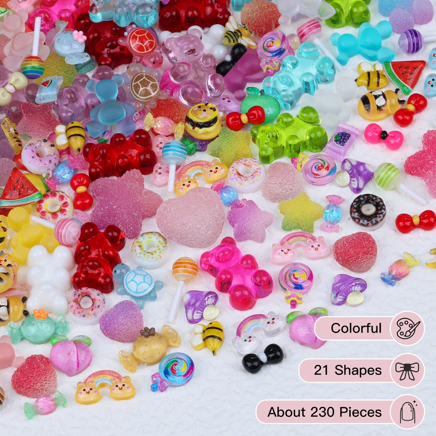 230 Pcs Kawaii Nail Charms Mixed Clear Gummy Bear Beads and Heart Star Flatback Resin Charms, Cute 3D Sugar Bee Bow Slime Charms