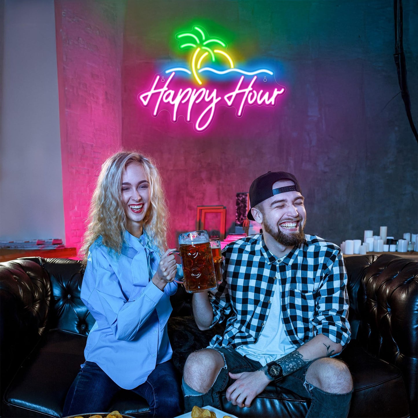 Kavaas Happy Hour Neon Sign 15.7 X 11.2  Palm Tree Neon Bar Signs For Home Bar Man Cave Club Pub Party - Best Gifts For Husband  Father  Birthday  Christmas