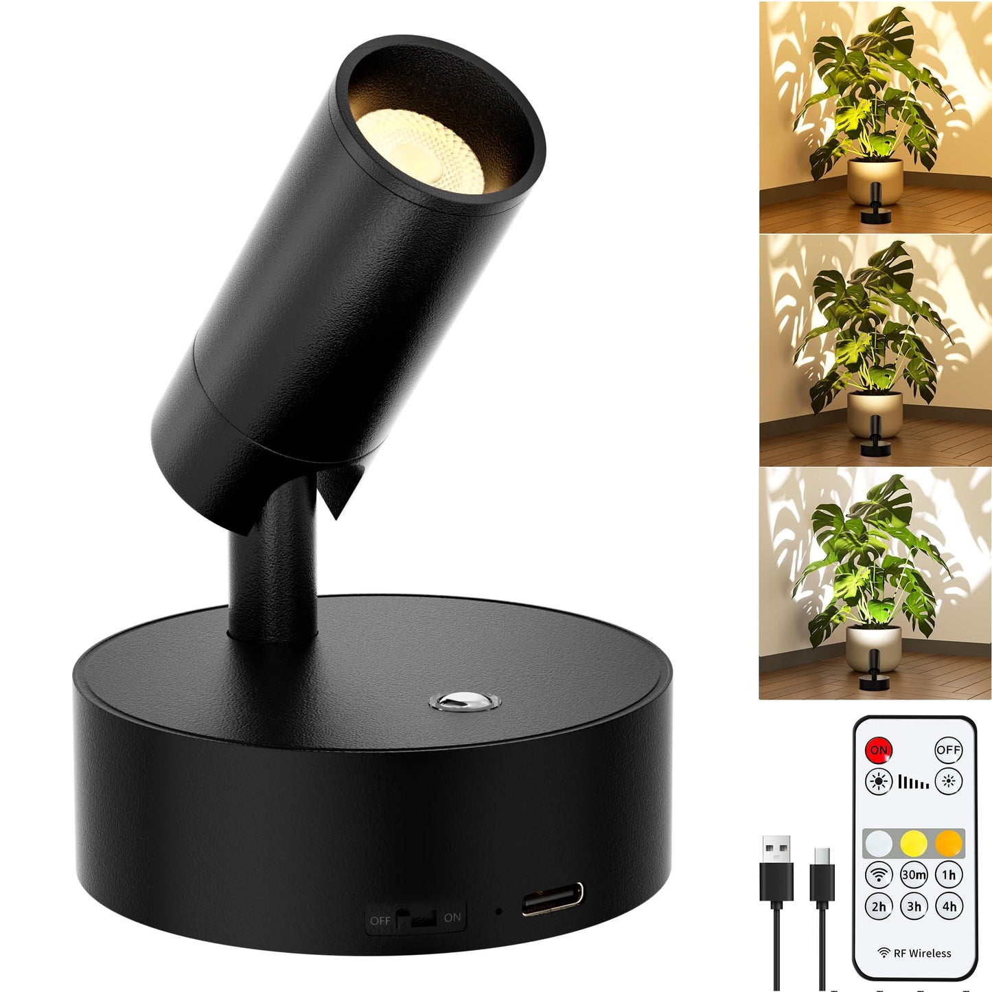 GORDNWE Rechargeable LED Spotlight Wireless Remote Control Black 1 Pack Model DX0004