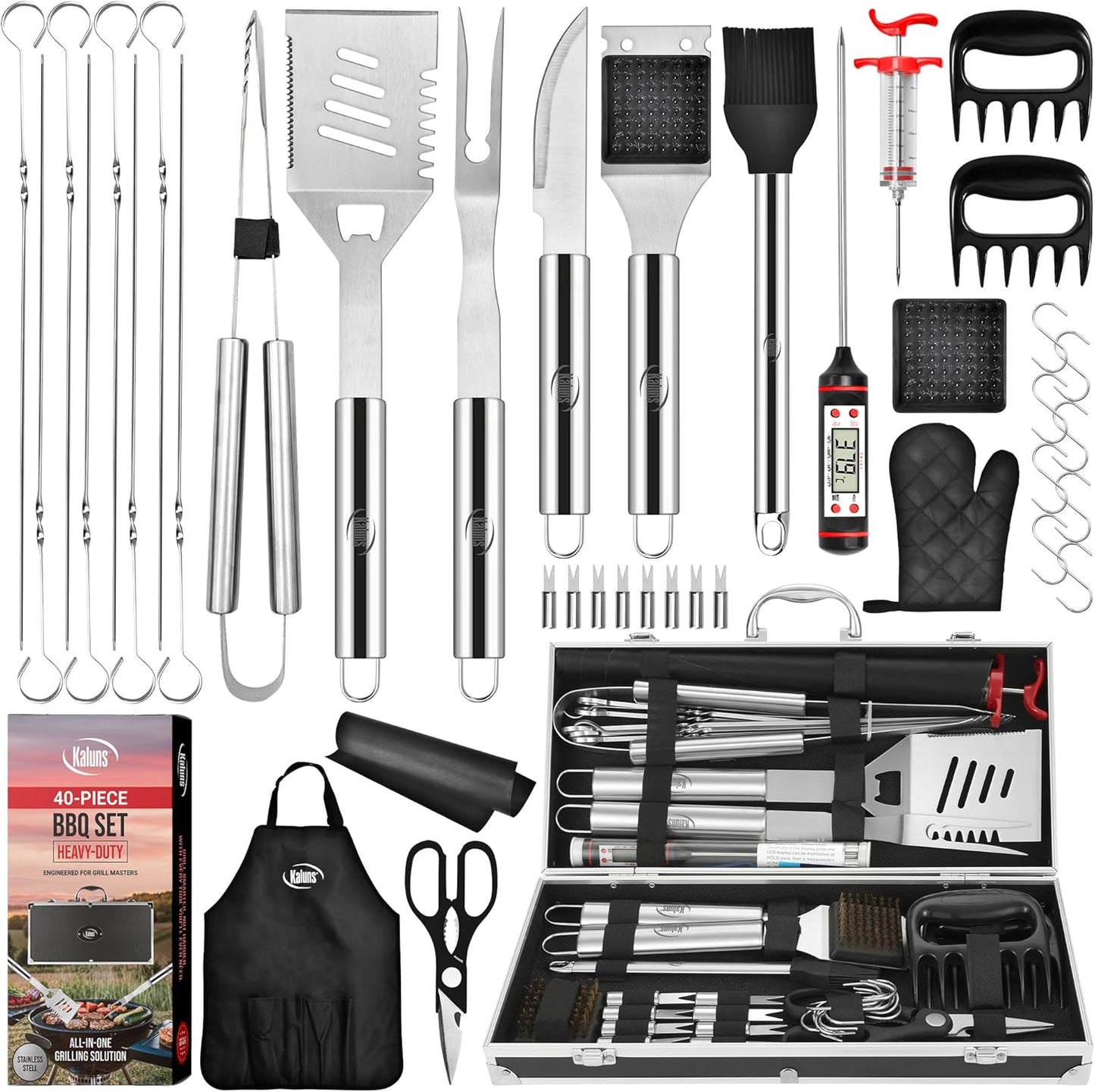 Kaluns BBQ Accessories, Complete Grill Set Dad Gifts for Christamas, 40 Pcs Premium Heavy Duty Stainless Steel Barbecue Grill Accessories for Outdoor Grill Gifts for Men Dad