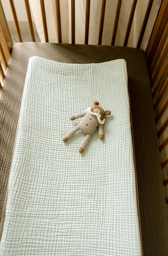 Oilo Muslin Changing Pad Cover, Ultra Soft Breathable 100% Organic Cotton Muslin, Fitted, Machine Washable, Fits Standard Changing Pads (32" x 16"), Heirloom Organic Collection, Sea Moss Sage Green