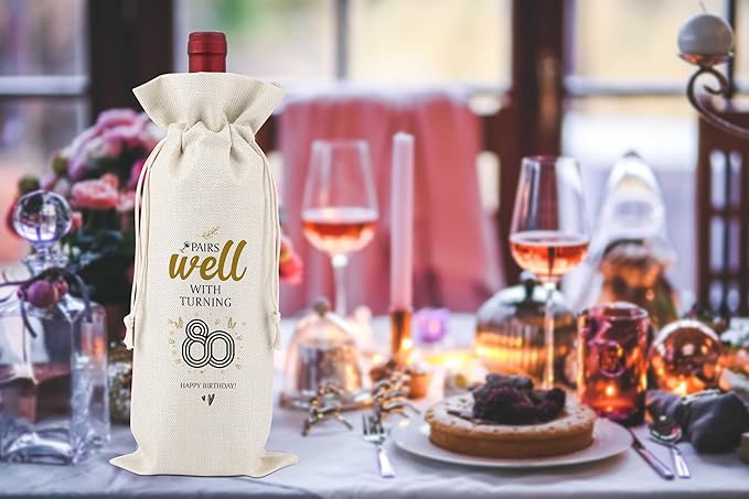 TCJIU 80th Birthday Wine Bag,Pairs Well With Turning 80 Happy Birthday,80th Gift Birthday Planning Gift,80th Gift Birthday Party,Birthday Decorations Wine Bag,Reusable Wine Bags With Drawstring,L17