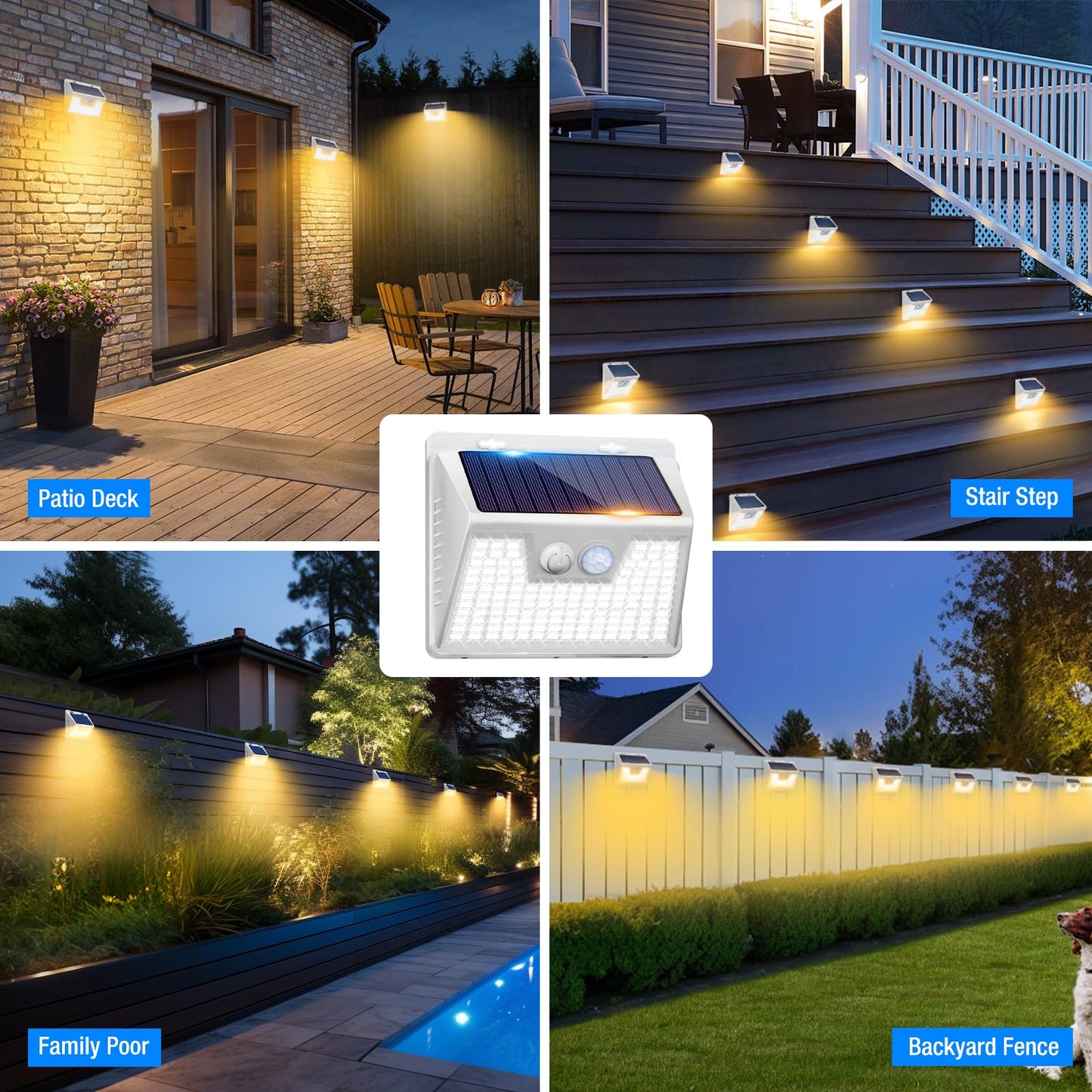 Peasur Solar Outdoor Lights, 3000K Warm Light, 140 LEDs, Waterproof, 5 Pack, White Frame, Model 66ddd9cb-d027-47ad-8f