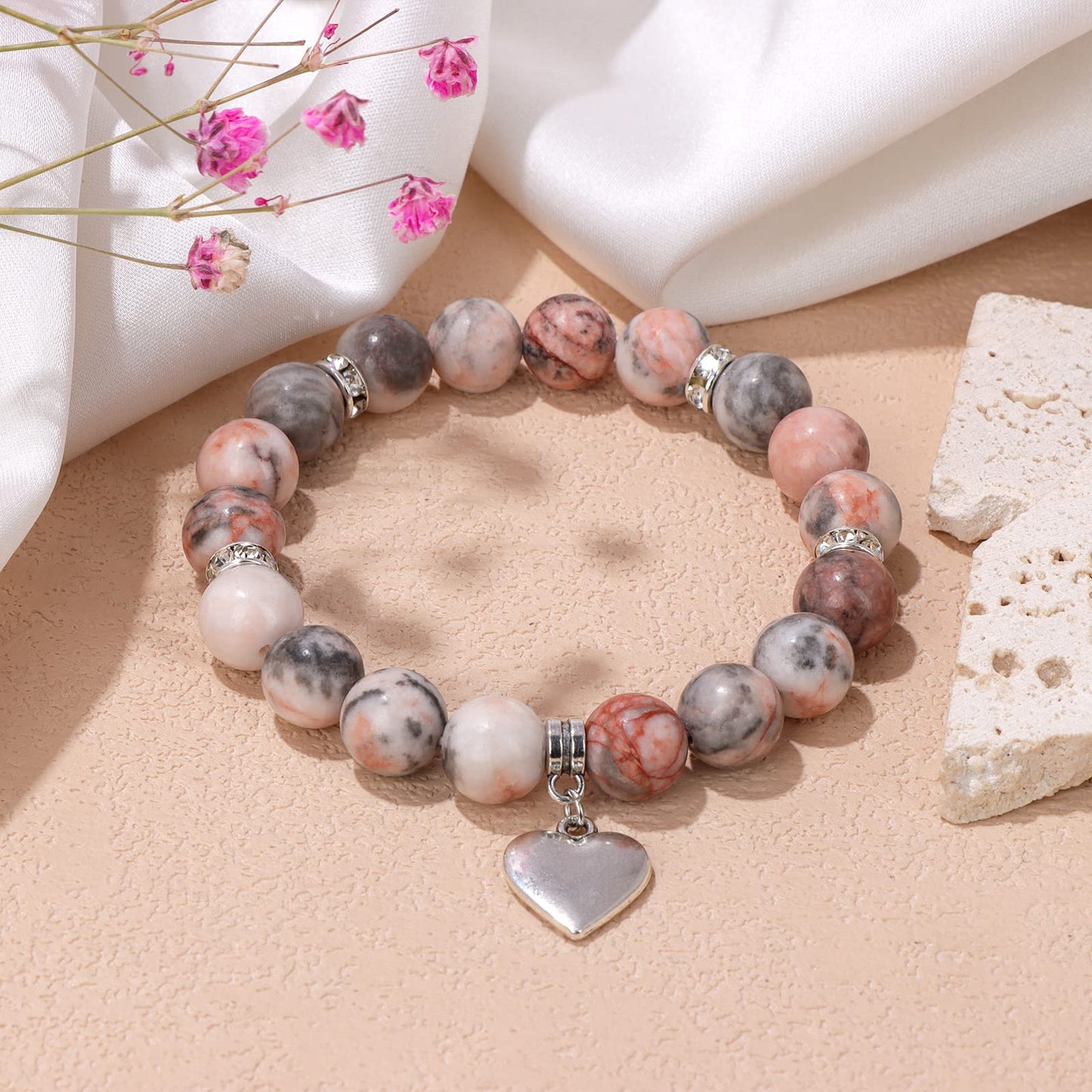 GolbalJew Healing Bracelet For Women Anxiety Beaded Bracelets Jewelry Pink Healing Stone Heart Pendant Bracelet Stress Relief Yo