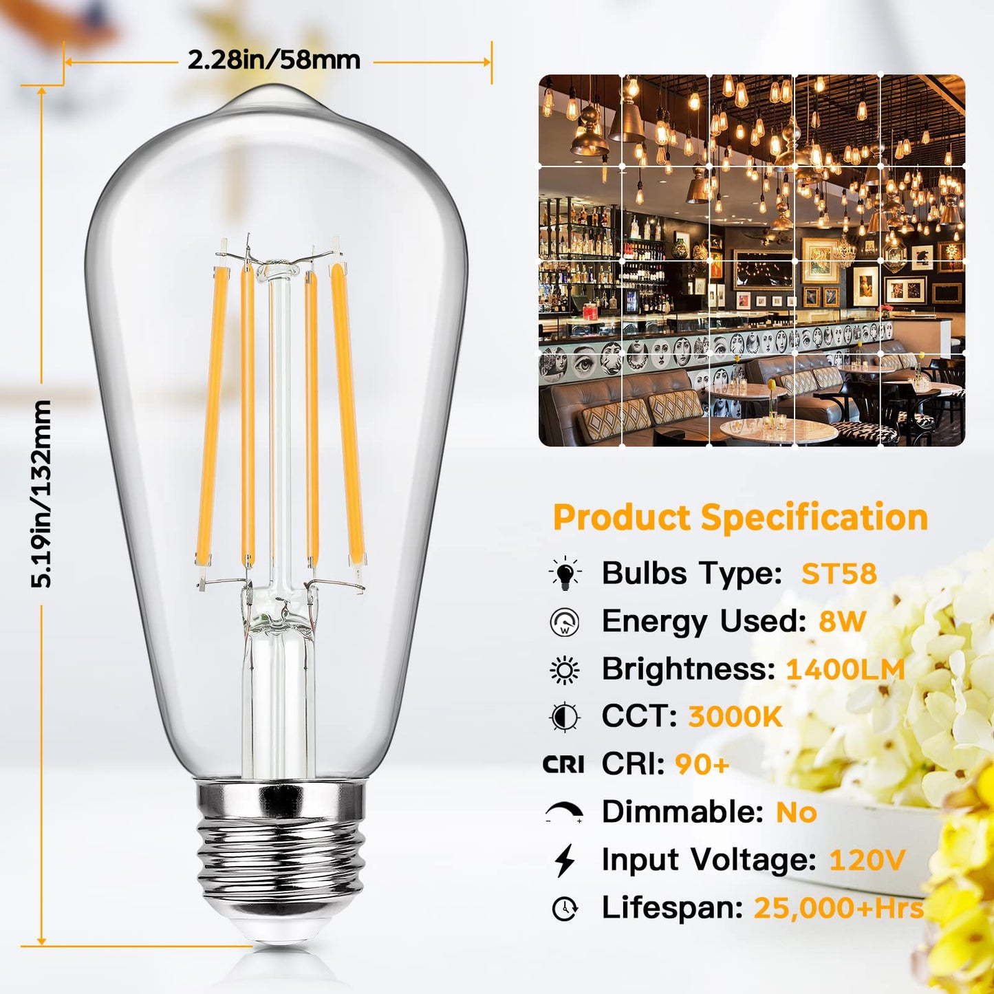 4-Pack Vintage LED Edison Bulbs 100W Equivalent 1400LM High Brightness 8W ST58 LED Filament Light Bulbs 3000K Warm White E26 Medium Base CRI90+ Antique Clear Glass for Home Dinning Room, Non-dimmable