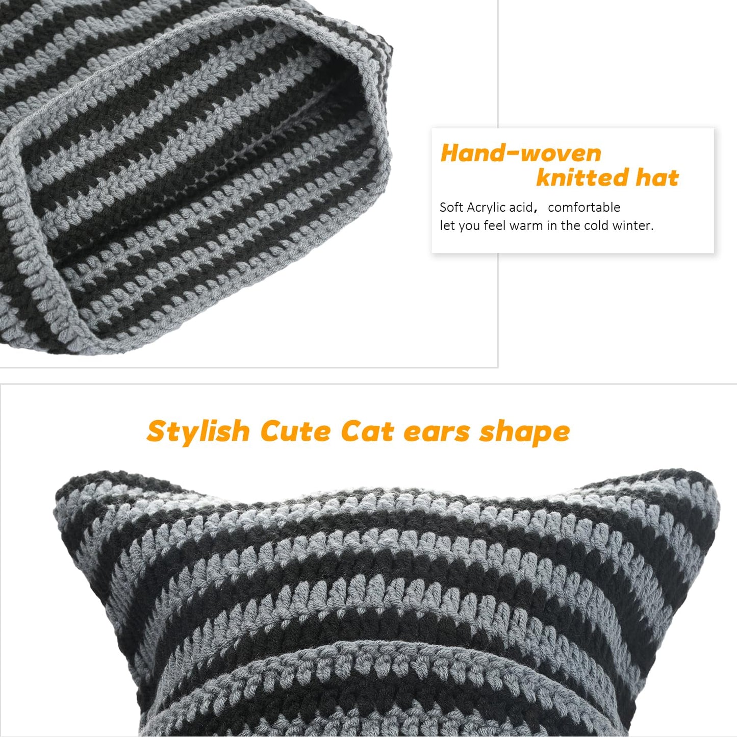 DANMY Women's Winter Beanie, Soft Knit Lazy Cat Ear Beanie, Black