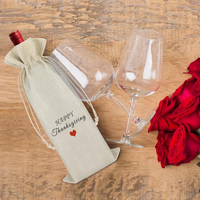 Friendship Gift Thanksgiving Gift for Friends Thanksgiving Decorations Burlap Wine Bags Thanksgiving Themed Gift Happy Thanksgiving Gift for Women Men Christmas Gift Drawstring Wine Bottle Wrap Bag