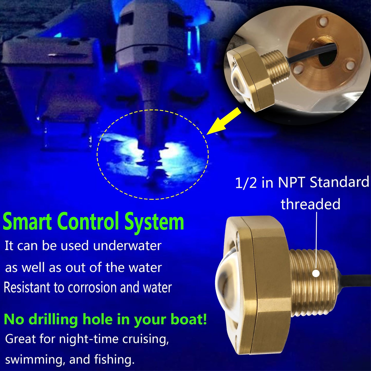 Kingshowstar RGBW Underwater Boat Drain Plug Light, IP68 Waterproof, 1/2in NPT, Durable Bronze Housing, Model KS-RGBW-S01