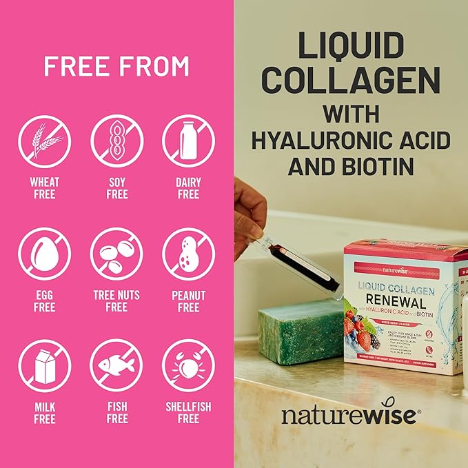 NatureWise Hydrolyzed Liquid Collagen for Women & Men 4000mg - High Absorption, Type 1 & 3 Peptides with Biotin + Vitamin C + Vitamin B Complex & Hyaluronic Acid -Mixed Berry - 30 Tubes[30 Day Supply]