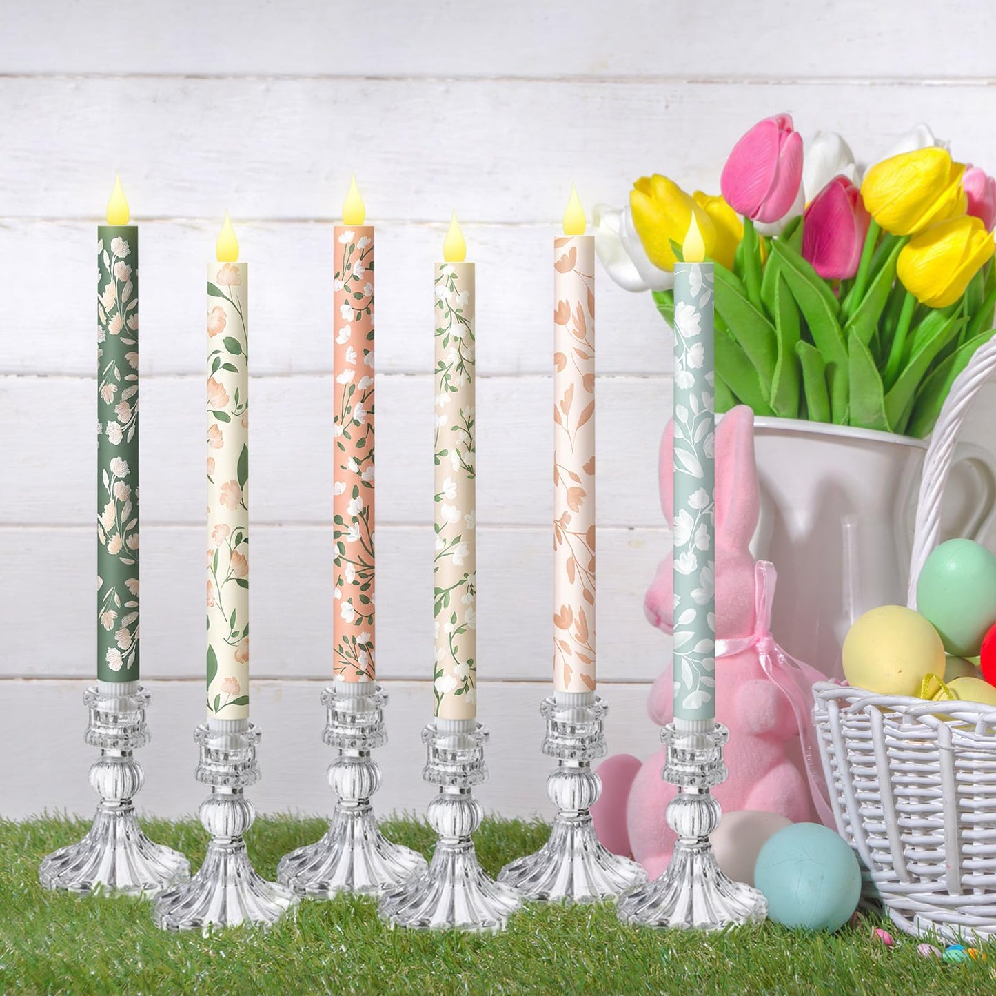 Honoson 6 Pcs Easter Flameless Taper Candles 10.6 Inch Spring Flower Candles Battery Operated LED Candlesticks for Easter Dinner Table Home Party Decor