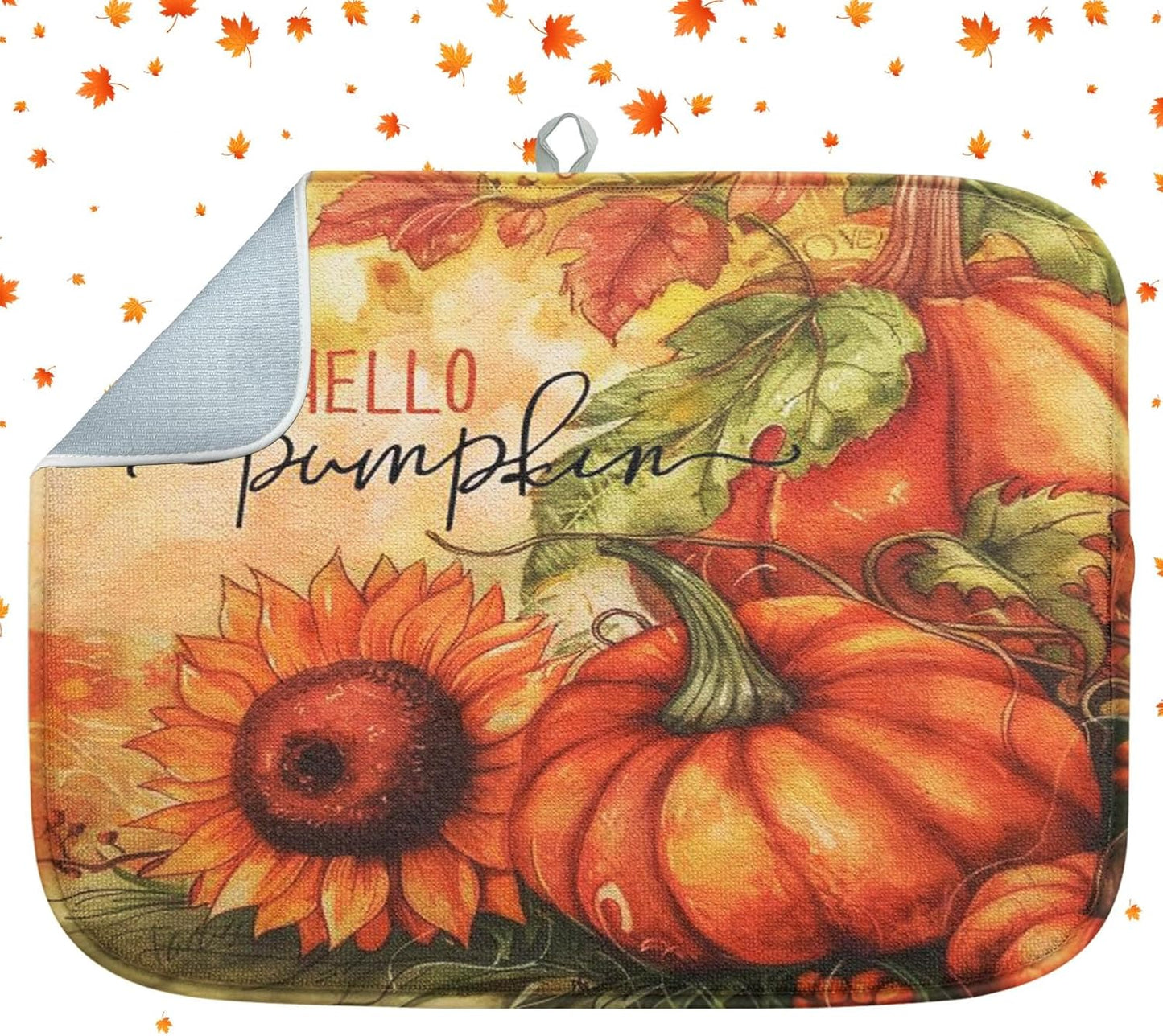 Sanwarm Absorbent Dish Drying Mat, Hello Pumpkin Flower Tree Microfiber Pad for Kitchen Counter, Vintage Fall Leaves for Coffee Bar Decor, Heat Resistant and Reversible, 16" x 18"