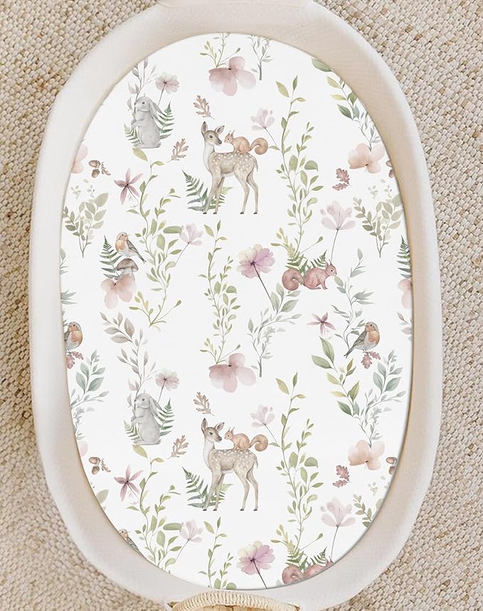 Bassinet Sheets for Baby Girls Boys 2 Pack, Fitted Baby Mattress Sheet for Rectangle, Oval, Hourglass Bassinet Mattress, Breathable Cozy & Universal Fit (Floral Fawn)