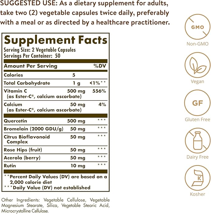 Solgar Quercetin Complex with EsterC Plus Vegetable Capsules Supports Immune Health Antioxidant Gentle on the Stomach Vitamin C NonGMO Vegan Gluten Free Dairy Free 50 Servings, Standard Packaging, 100 Count