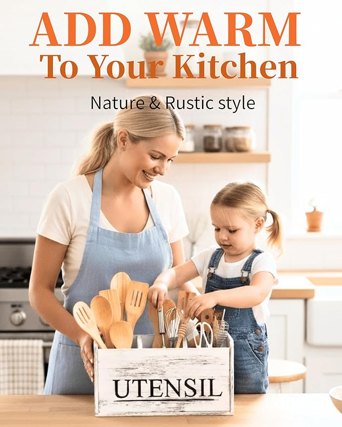White Kitchen Utensil Holder Rustic Large Wooden Utensil Organizer Cooking Tools Storage