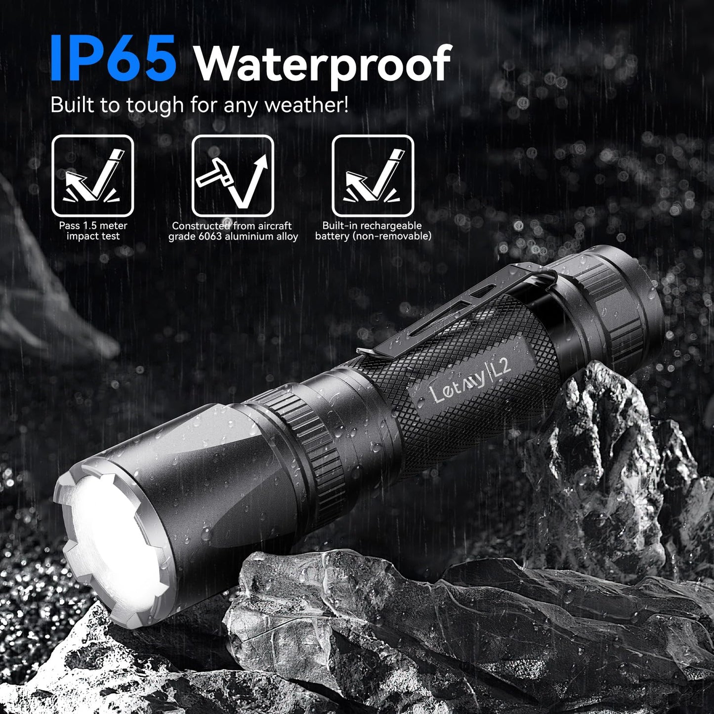 LETMY Rechargeable Flashlights, 2000 Lumens LED, 3 Modes, 2 Pack, Waterproof, Black