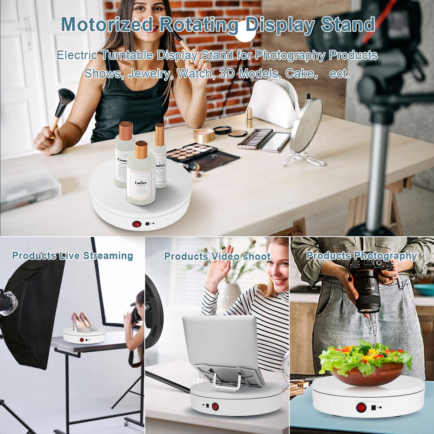 Motorized Rotating Display Stand, Rechargeable 360 Degree Electric Rotating Turntable For Photography Products Display, Live Vid