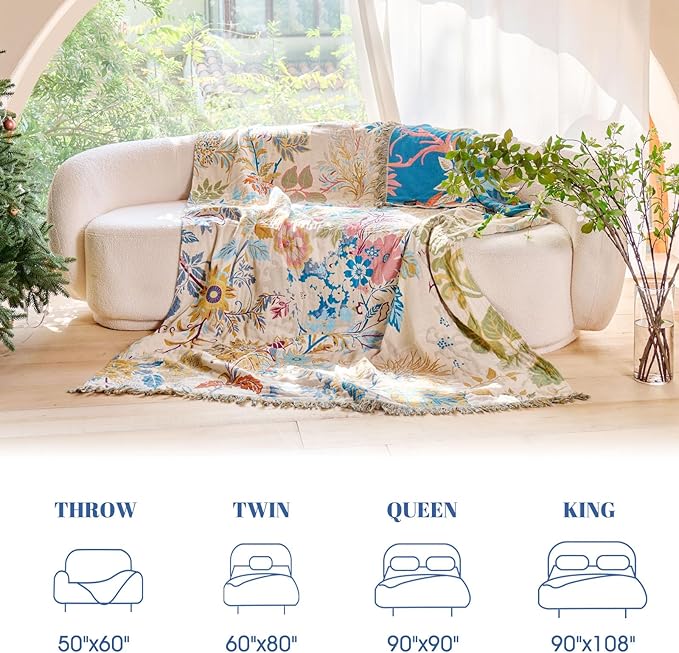 MSGKV Boho Throw Blanket for Bed Cotton 60"x80" Floral Blanket Twin Size Couch All Seasons Muslin Breathable Lightweight Farmhouse Blankets