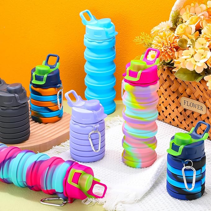 Sunnyray 30 Pack Collapsible Water Bottles 17oz Silicone Portable Water Bottle Bulk Foldable Leak Proof Water Bottle Reusable Camouflage Sports Bottles with Clip for Travel Hiking Camping Outdoor