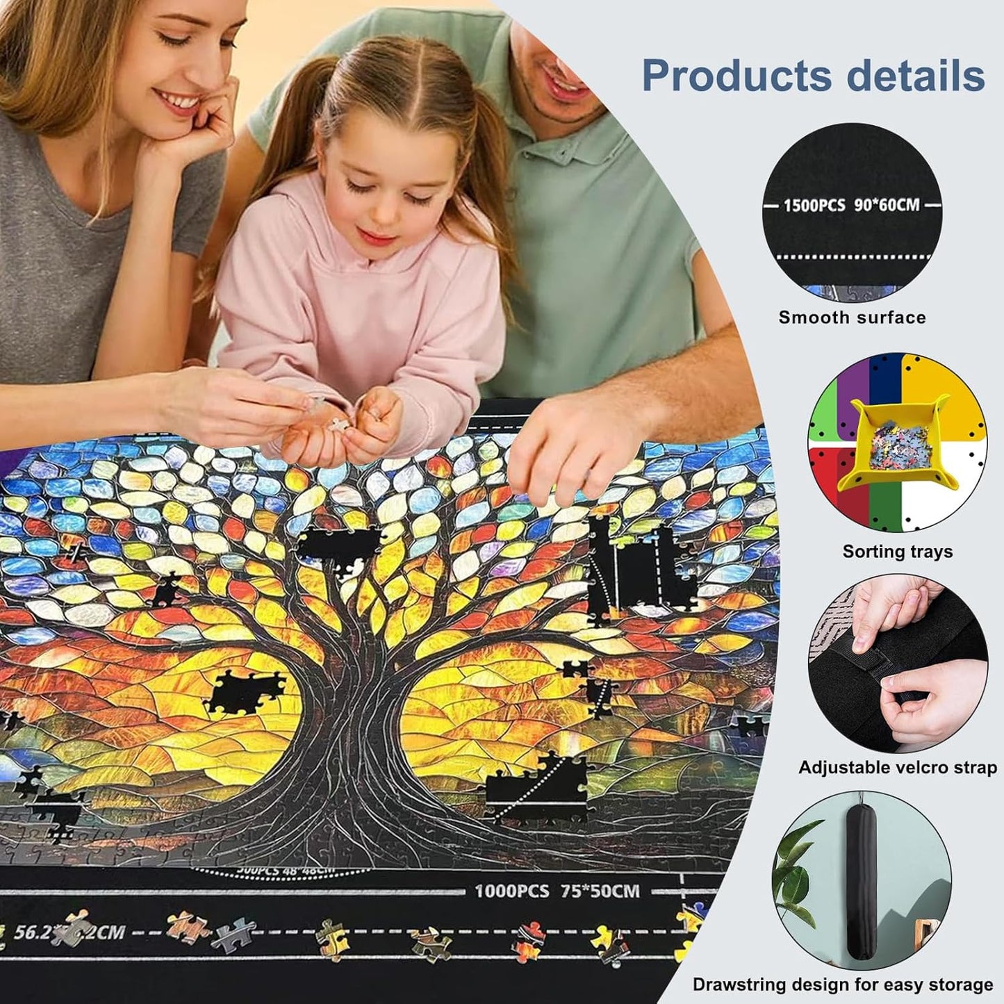 Napzy Puzzle Mat Rollup for Jigsaw Puzzles Storage Matt Roll Up Puzzle Board Saver with 8 Sorting Trays 1 Drawstring Bag Puzzle Table for Up to 1500 PCS