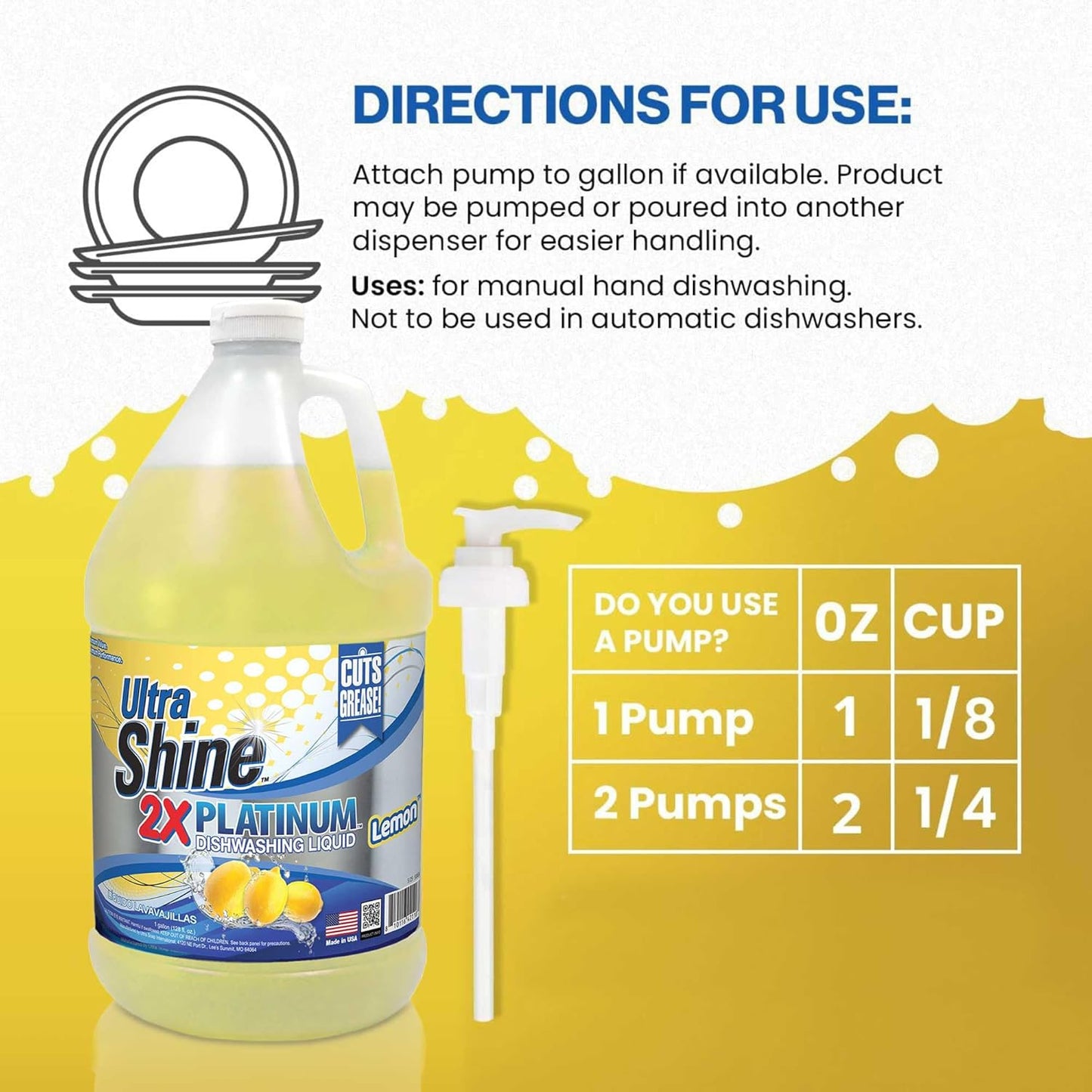 Ultra Shine™ 4 Pack 2X Platinum™ Dish Cleaning Liquid, Lemon Scent, 1 Gallon, Yellow - Powerful Grease Remover Dishwashing Soap