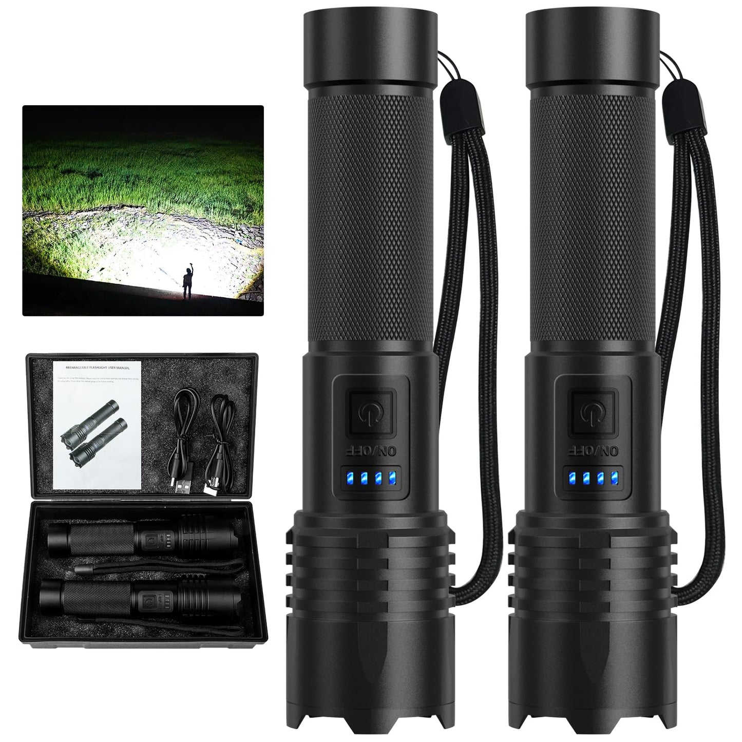 QOPOYU LED Flashlights 90000 Lumens Rechargeable 3 Modes IPX7 Waterproof Black 2 Pack Model p109