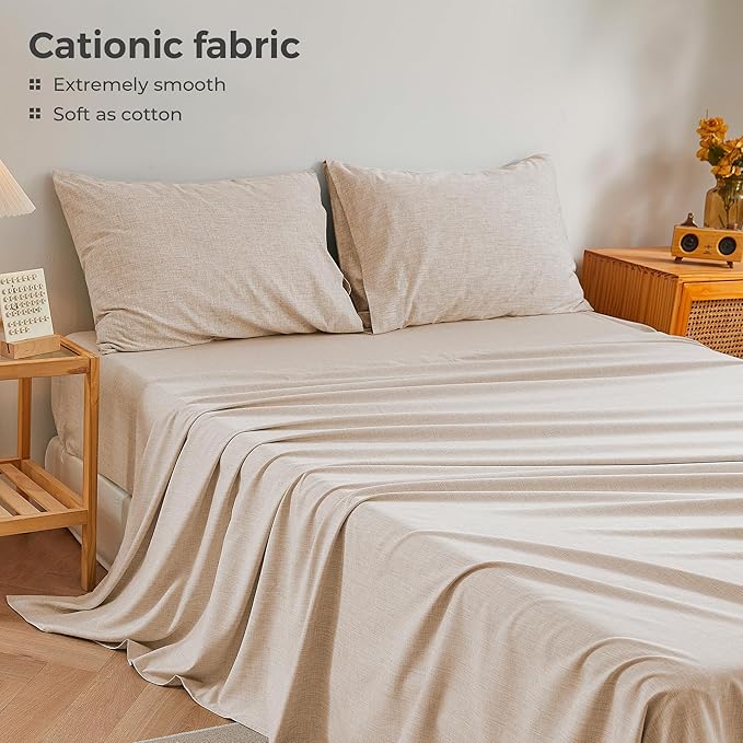 Twin Sheets Brown, Ultral Soft Cationic Linen Look Sheets, Luxury Cooling Cozy Bed Sheet Set with Non-Slip Fitted Sheet