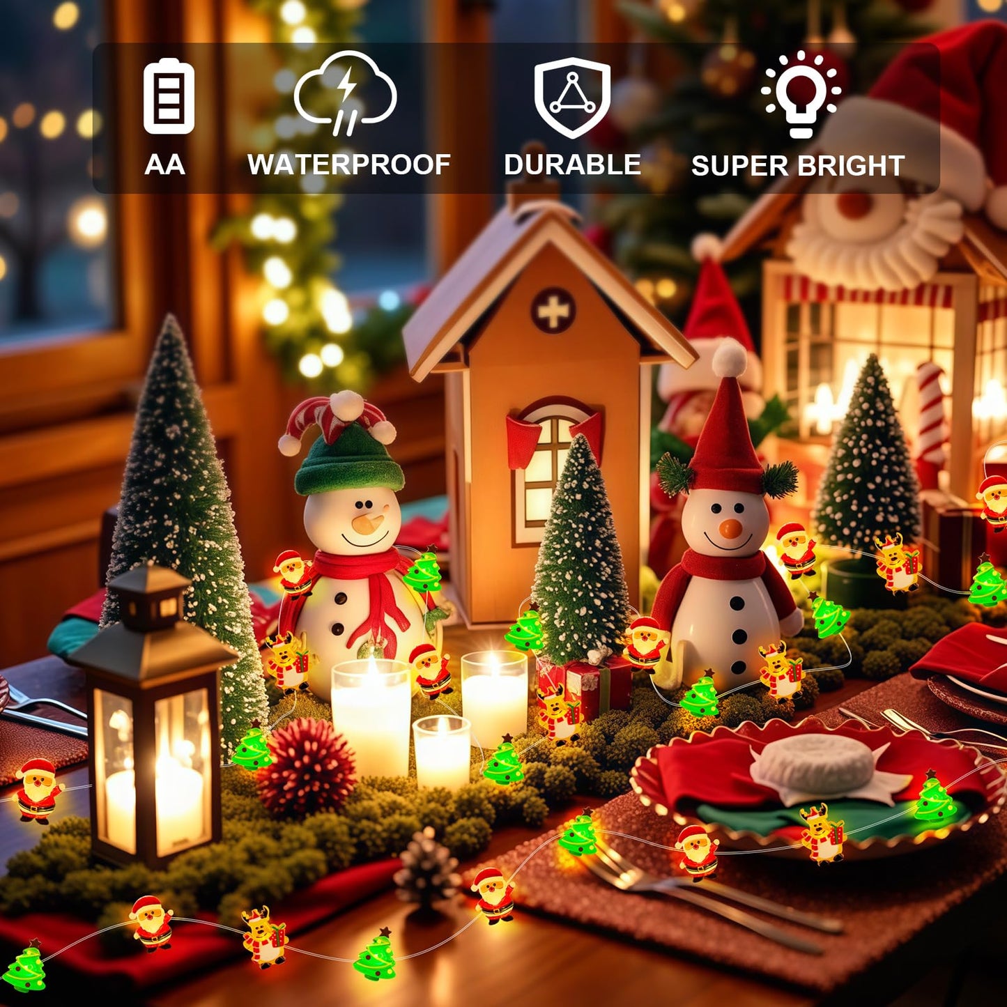 Aogist 50Led Christmas Fairy Lights - 16Ft Super Bright 3D Santa Claus Christmas Tree Deer String Lights Battery Operated Decor For Indoor/Outdoor Party Home Bedroom Yard Windows Doors Winter Decor