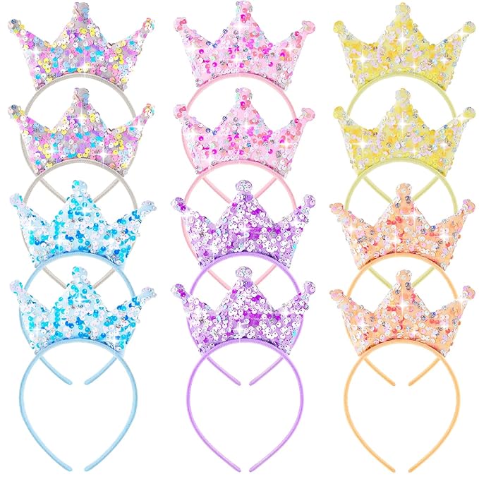 Juexica 12 Pack Princess Party Favors Princess Crowns Headband Decorations Glitter Sequin Headband for Birthday Proms Gift...