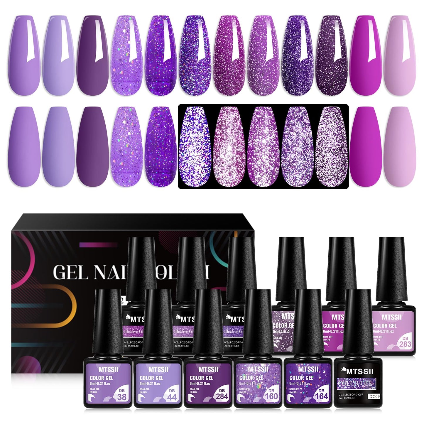 MTSSII Purple Reflective Gel Nail Polish Set, 12 Colors Lavender Violet Sparkly Gel Polish Diamond Shiny Glitter Soak Off Led Na