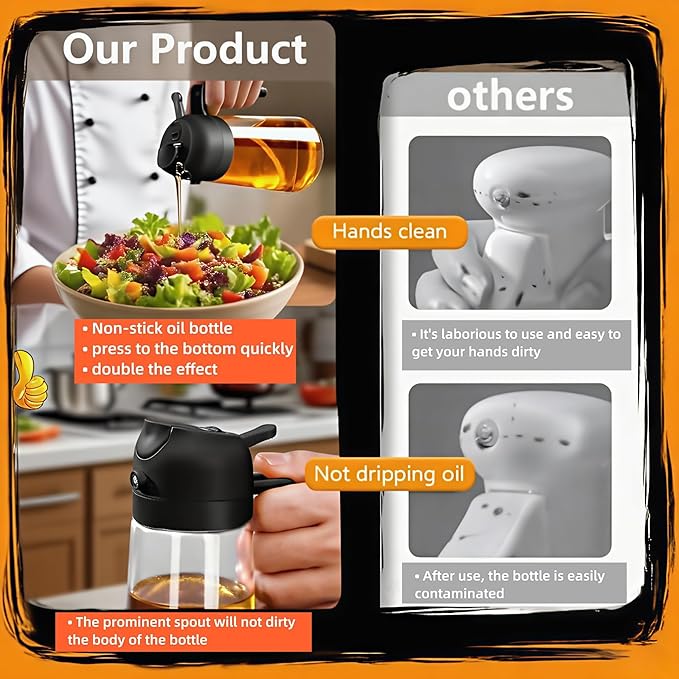 2 in 1 Oil Sprayer for Cooking, Oil Dispenser for Kitchen Gadgets, 16oz/470ml Premium Food-Grade Oil Bottle, for Salad, Air Fryer, BBQ (Transparent)