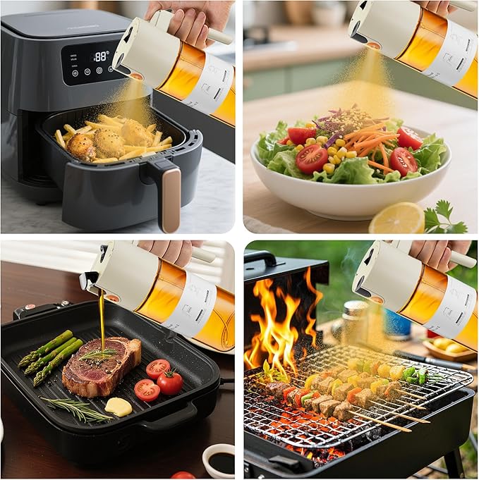 Upgrade 2 in 1 Oil Sprayer for Cooking, Olive Oil Dispenser Bottle for Kitchen Gadgets with Stickers, 17oz/500ml Food Grade Light-Blocking Glass Spray Bottle for Salad, Air Fryer, BBQ