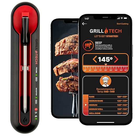 Grill Tech Smart Bluetooth Meat Thermometer Wireless Meat Thermometer for Grilling and Smoking, Precision Accuracy, 950ft Range, USB-C Rechargeable Case, Grill Tech App for Grilling