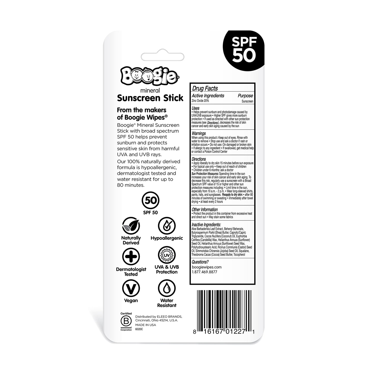 Baby Sunscreen Stick by Boogie, Mineral Sunscreen SPF 50, Travel Size Sunblock for Kids, FSA/HSA Eligible, Zinc Oxide, Water Res