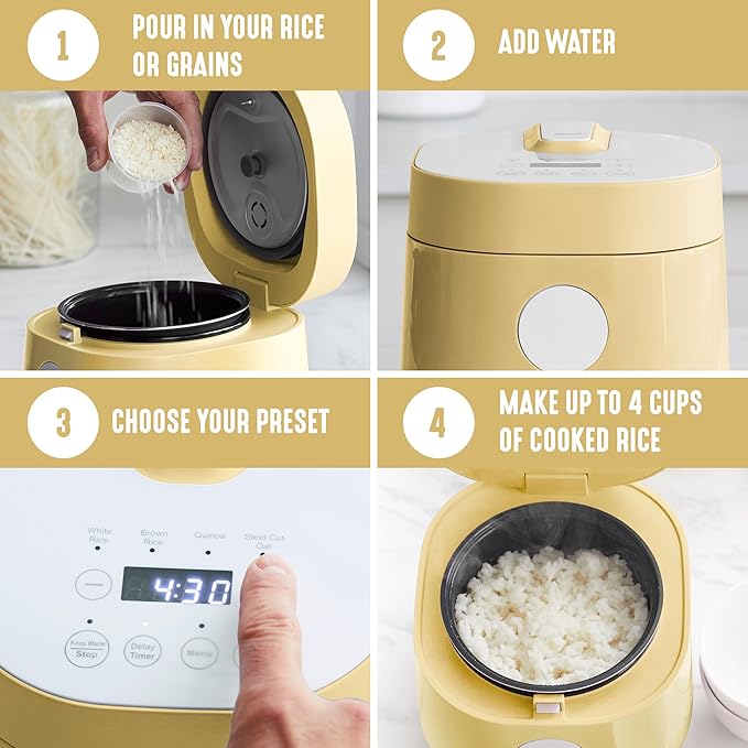 GreenLife Digital Rice Cooker, 2-Cups Uncooked/4-Cups Cooked, Removable Nonstick Ceramic PFAS-Free Pot, One-Touch Presets, Oats, Quinoa, Brown Rice, Auto Keep Warm, Fuzzy Logic Tech, 1.5QT, Butter Yellow