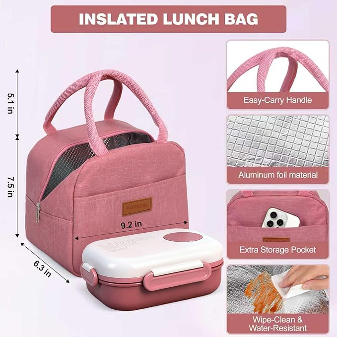 Lunch Box for Women & Adults - Kid-Friendly 37.2oz 3-Compartment Bento Box with Thick Insulated Lunch Bag, Leak-Proof with Sauce Container, Built-in Utensil Set, Dishwasher Safe (Claret)