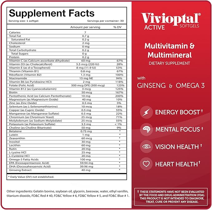 Vivioptal Active, 30 Softgels, Ginseng & Omega 3, Multivitamin & Multimineral, Gluten Free, German Formula