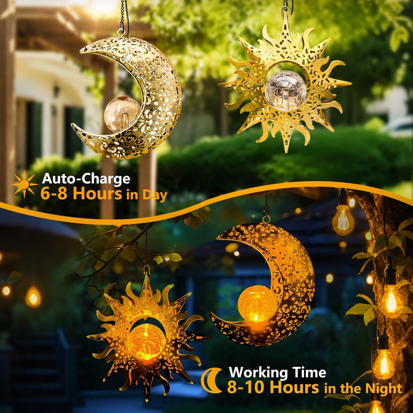 Qcf Solar Hanging Sun And Moon Lights Garden Outside Decor 2 Pack Metal Lanterns Outdoor Sunflower Art Decorations For Porch Backyard Patio Wall Tree Unique Gardening Gifts For Women Mom Grandma