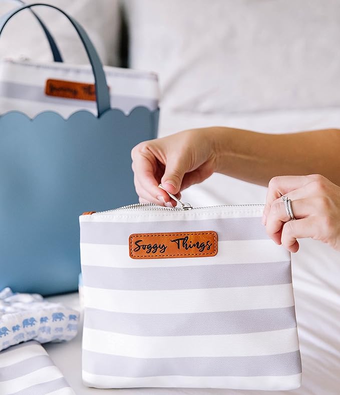 Stylish Diaper Bag Organizing Pouches - XL Set of 4 Navy and White Striped Canvas Diaper Bag Pouches with Leather Embossed Labels, Leather Wristlet Strap & Durable Metal Zippers