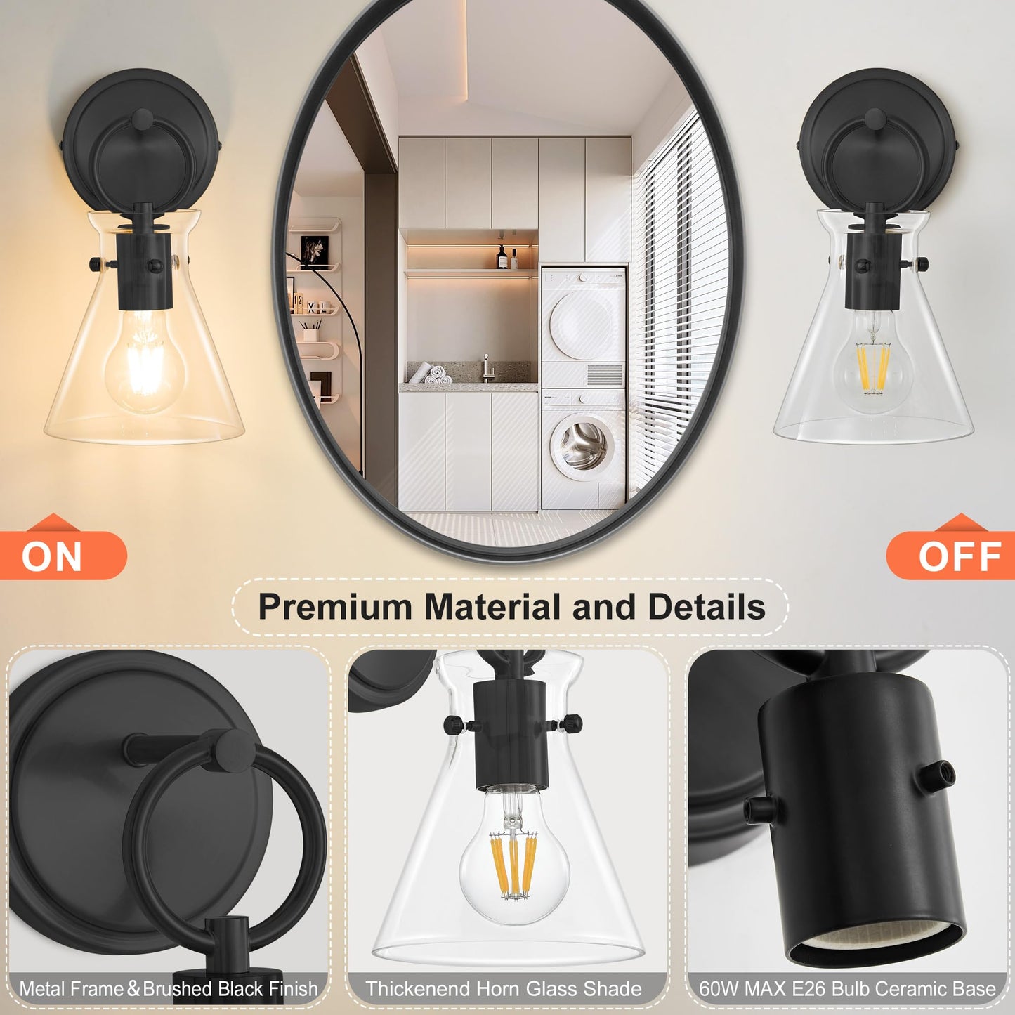 Gednbo Wall Sconce For Bathroom Modern Vanity Light Fixtures Hardwired Wall Mount Lighting Lamp Farmhouse Wall Lights With 6 Clear Glass Shade For Bedroom Living Room Mirror Kitchen (Black  1 Pack)