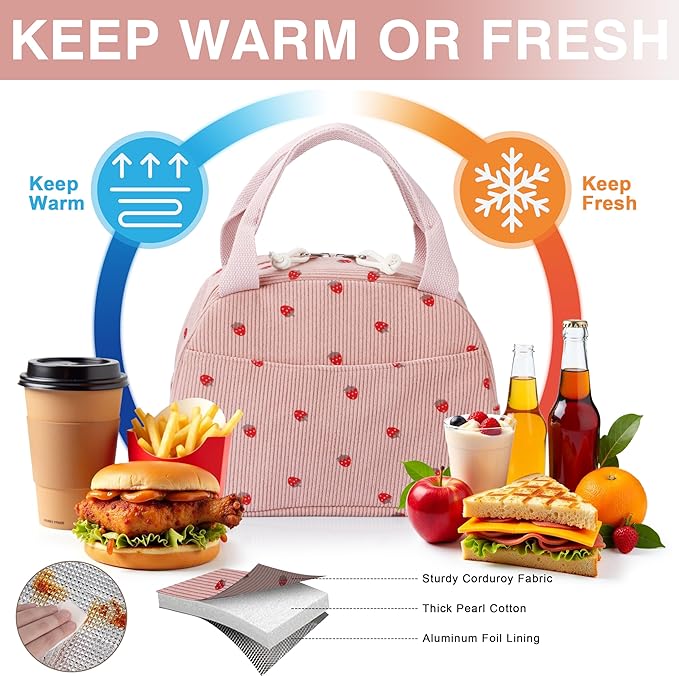 Lunch Bag - Insulated Lunch Box for Women, Reusable Large Capacity Cooler Bag for Adult, Small Leakproof Cute Corduroy Lunch Tote for Work Office Travel Picnic (Corduroy Strawberry Pink)