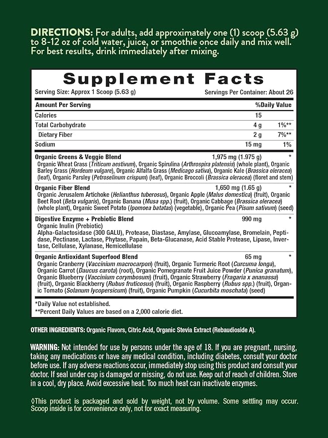 Nature's Truth Organic Greens Powder | 20 Plus Superfoods | 5.18 Oz | Digestive Enzymes & Prebiotic Blend | Strawberry Kiwi Flavor | Vegan, Non-GMO & Gluten Free Supplement