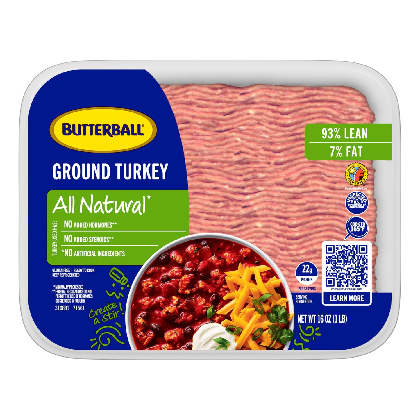 Butterball, Fresh All Natural 93%/7% Lean Ground Turkey, 1 lb