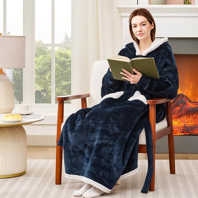 Wearable Blanket Hoodie as Gifts for Women, Long Sherpa Fleece Hooded Blankets with Oversize Hood and Pocket, Warm and Cozy Sweatshirt with Belt, Winter Gift