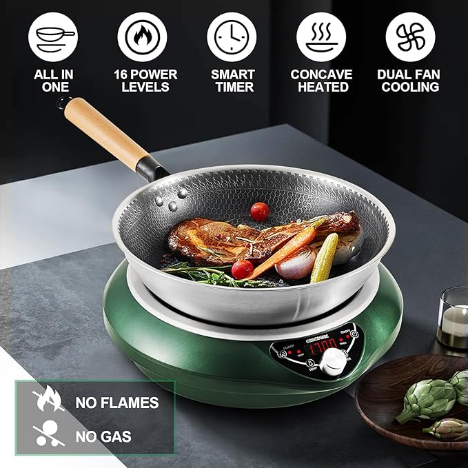 Induction Wok Pan Cooktop 1700W (85V~175V) 16 Levels Temperature & Power Control Induction Wok Burner with 18 Hours Timer, Auto-off, Fast & Even Heating Concave Electric Stove (Green)