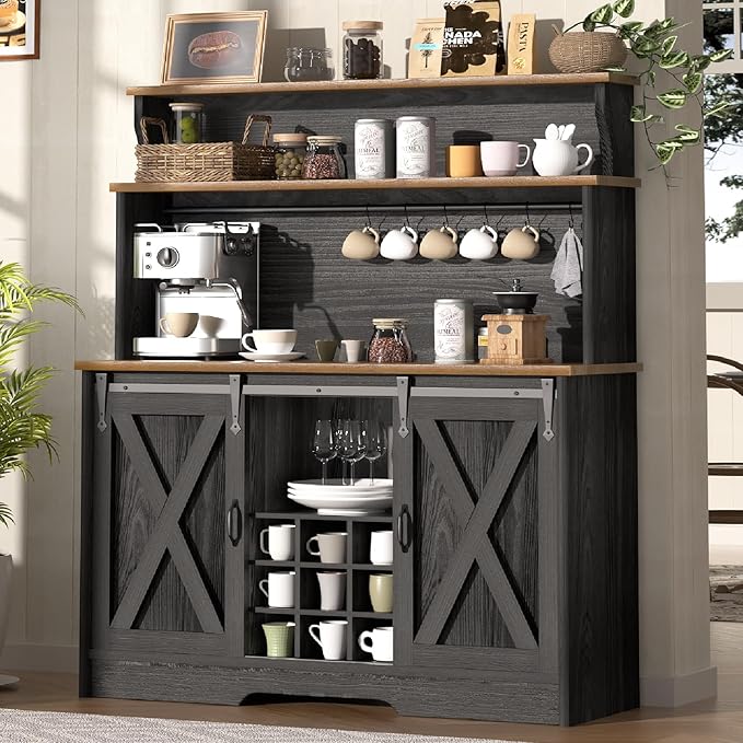 Farmhouse Coffee Bar Cabinet with 3 Tier Storage Hutch, 47'' Coffee Bar Station with Sliding Barn Door, Hutch Storage Cabinet with 9 Wine Racks & 9 Hooks for Kitchen Dining Living Room