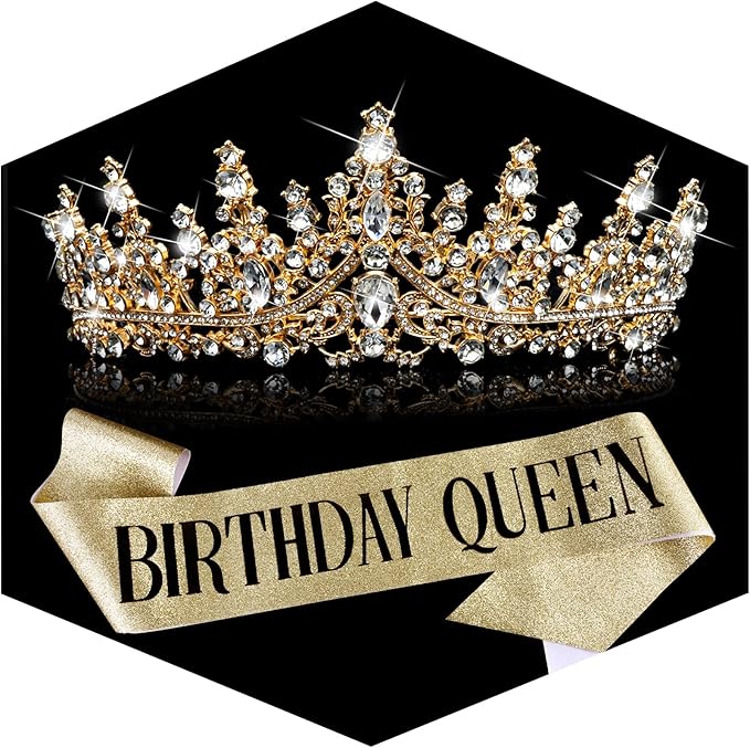 TOBATOBA Birthday Queen Sash and Crown for Women - Gold Rhinestone Tiara and Sash Set for Birthday Decorations Outfits for...